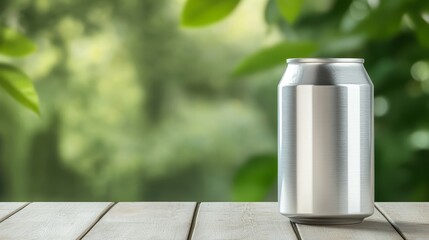 A silver aluminum beverage can sits on a rustic wooden table, with a blurred green natural background. It represents refreshment, summer, and a relaxing outdoor experience.