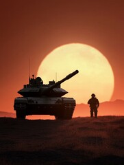 A silhouette of a tank and a soldier against a backdrop of a setting sun, symbolizing strength, power, military, warfare, and courage.