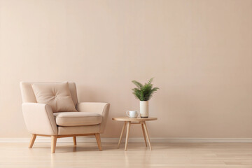 Stylish and Simple Living Room Setup with a Cozy Beige Armchair, Minimalist Side Table, and Vibrant Green Plant, Ideal for Adding a Touch of Serenity to Your Home Decor