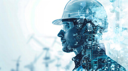 double exposure image of an engineer wearing hard hat showcases blend of technology and innovation, reflecting future of engineering and design