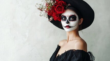Fototapeta premium Minimalist Halloween portrait of a Mexican woman in a black dress, wearing subtle La Catrina makeup, set against a light grey background with soft shadows