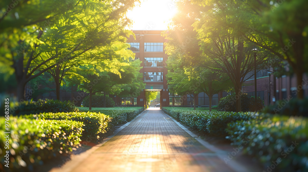 Aufkleber a serene university campus pathway is illuminated by warm glow of sunlight filtering through lush gr