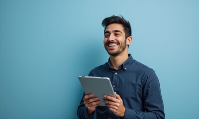 Portrait of a man holding a tablet computer on Pastel Color Background