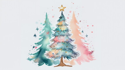 Obraz premium Watercolor illustration of three festive Christmas trees with colorful decorations and star