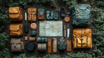 Outdoor gear and map arranged for adventure planning.
