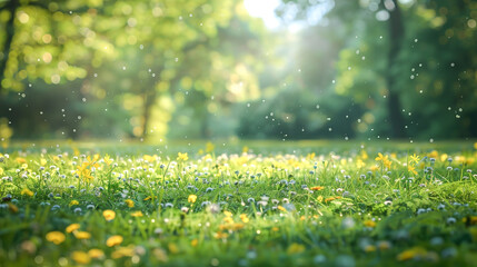 Fototapeta premium A vibrant meadow filled with colorful wildflowers and dandelions, illuminated by soft sunlight filtering through trees, creating serene and peaceful atmosphere. gentle breeze carries tiny particles, e