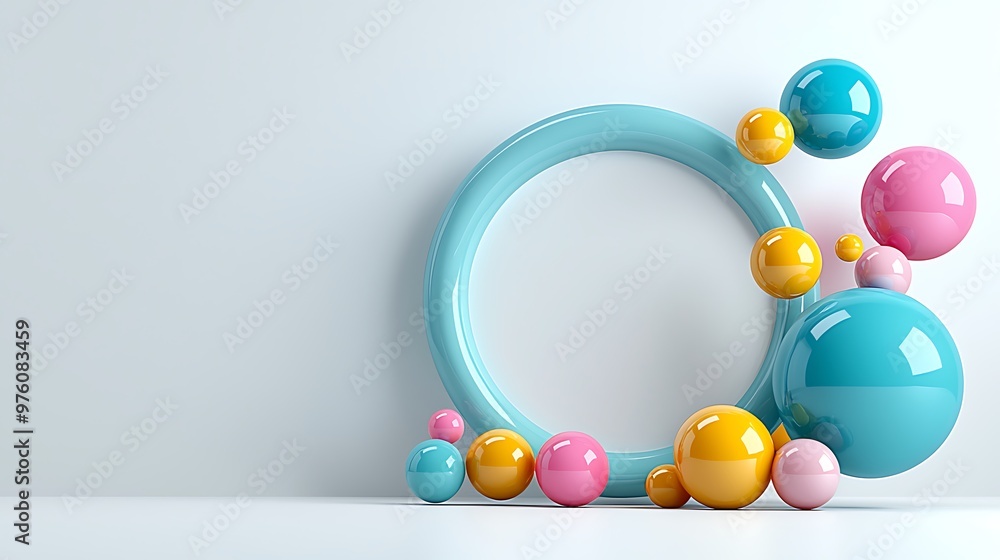 Poster colorful spheres float within a circular frame, adding depth and contrast to an abstract background.