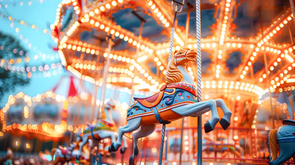A vibrant carousel with beautifully painted horses, illuminated by bright lights, creates joyful atmosphere in amusement park. scene captures essence of fun and nostalgia