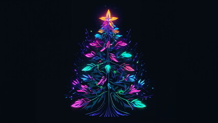 Obraz premium Colorful glowing Christmas tree with neon leaves on dark background
