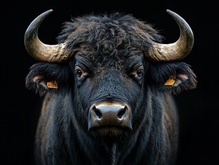 Naklejka premium A powerful and majestic buffalo with large horns and dark fur, captured in a stunning close-up shot highlighting its intense gaze and formidable presence against a black background.