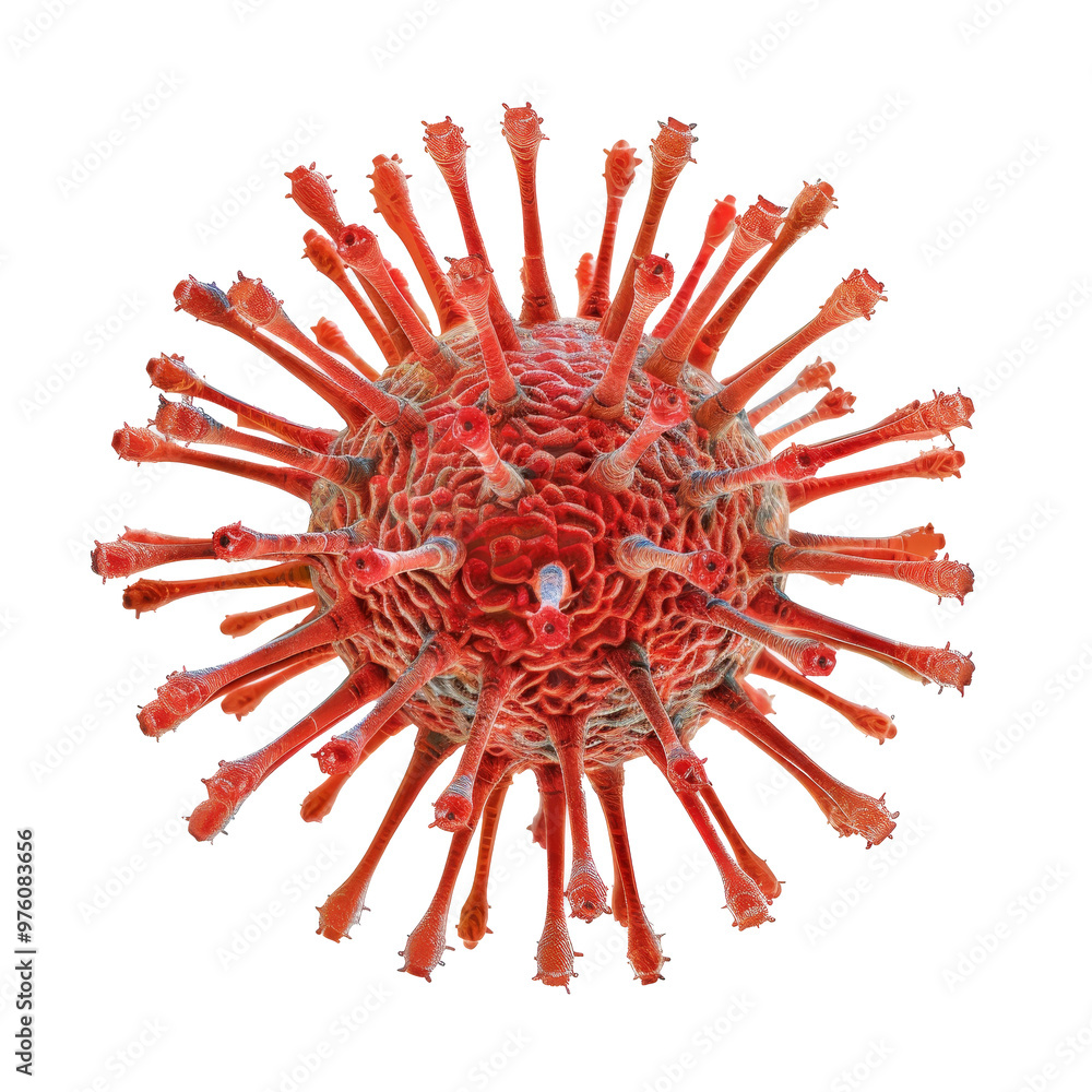 Poster detailed illustration of a virus structure showcasing spikes and spherical shape under magnification