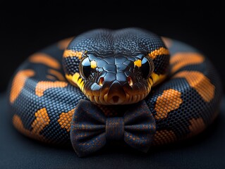Fototapeta premium A mesmerizing image of a snake donned in a stylish bow tie, presenting an unusual and elegant juxtaposition of natural wildlife combined with a touch of human fashion.
