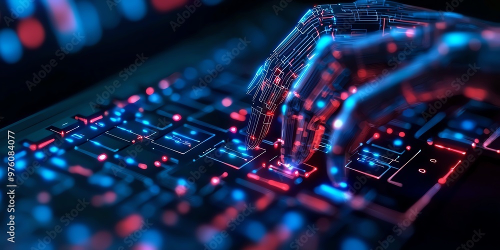 Poster a close-up view of a digital hand interacting with a futuristic keyboard, illuminated by vivid blue 