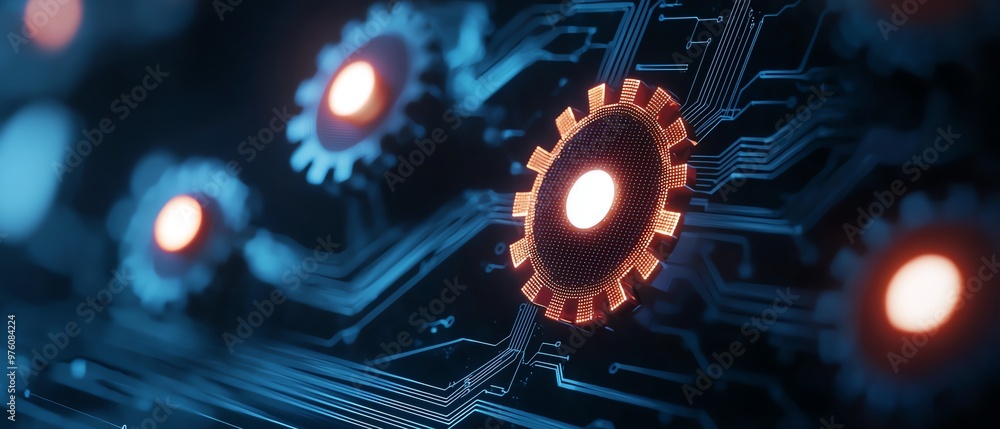 Poster a close-up view of intricate gears on a circuit board, highlighting the fusion of technology and mac