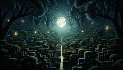 A mysterious illustration of a moonlit maze with hidden entrances and exits