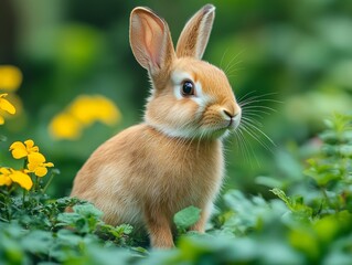 Fototapeta premium A sweet brown rabbit sitting among lush green foliage and vibrant yellow flowers, illustrating a serene and picturesque nature setting that conveys peace and natural beauty.