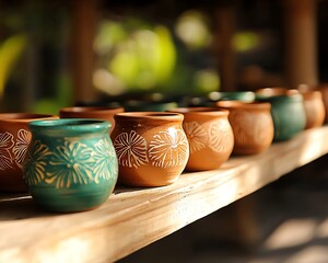 A colorful array of handcrafted pottery showcasing intricate designs, perfect for decoration or cultural display in homes.