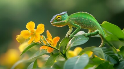 Fototapeta premium A vibrant green chameleon perched on a yellow flower, showcasing its camouflage abilities and the beauty of nature. This image symbolizes wildlife, nature, camouflage, adaptation, and wonder.