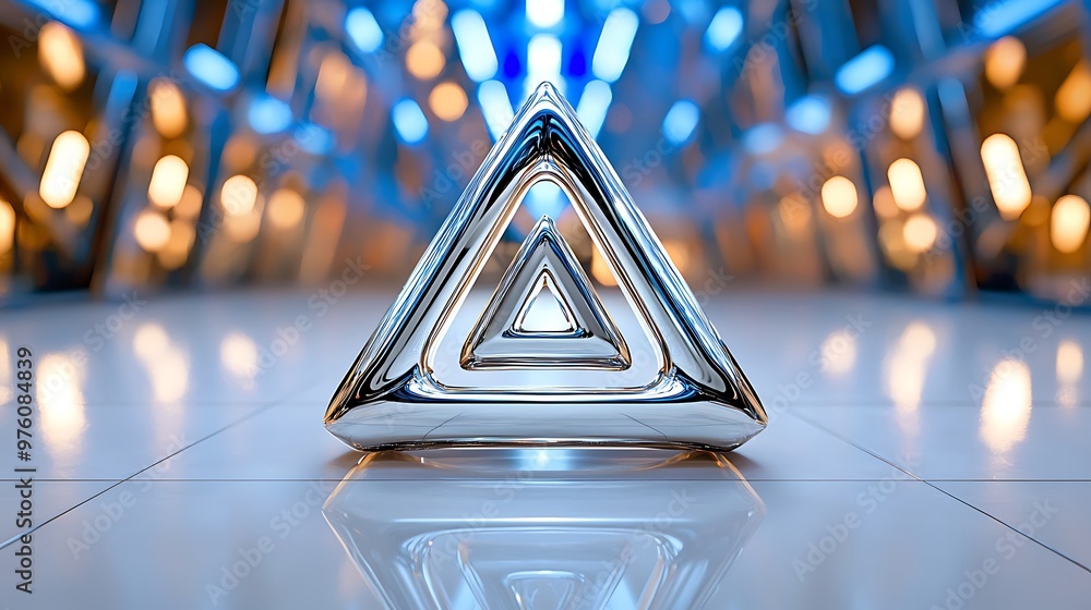 Poster a chrome triangle shines amidst soft bokeh lights, creating a striking abstract design.