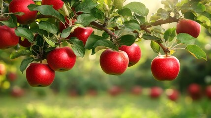 A vibrant image of a lush apple tree with ripe red apples hanging from a branch. The apples symbolize abundance, health, and the beauty of nature.