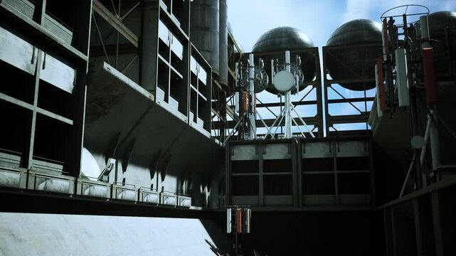 A tall concrete building with antennas on the roof, featuring a plethora of windows.