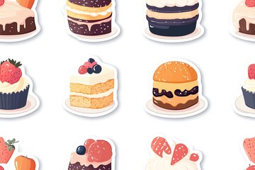 A delightful collection of colorful cake illustrations featuring various flavors and toppings, perfect for dessert lovers.