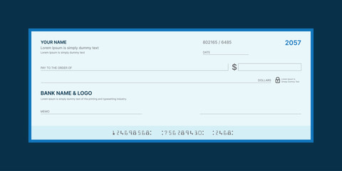 Blank bank check, checkbook cheque template or money payment paper voucher, vector mockup. Business or personal account cash pay cheque certificate or paycheck coupon from checkbook