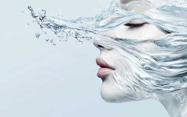 A serene portrait of a woman with flowing water around her, symbolizing purity and calmness in a modern artistic style.