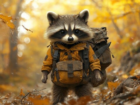 An adventurous raccoon is dressed in hiking gear, ready to explore an autumn-engulfed forest. The image conveys a sense of exploration and adventure amidst fall foliage.