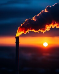 Obraz premium A dramatic sunset with smoke billowing from a chimney, highlighting environmental issues and industrial impact on nature.