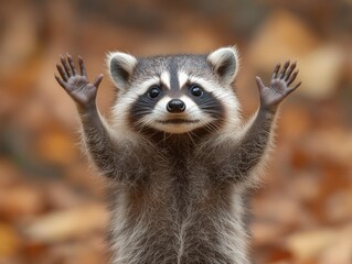 Obraz premium A delightful raccoon stands with its paws raised against a backdrop of autumn leaves, showcasing its charming and inquisitive nature in a serene forest setting.
