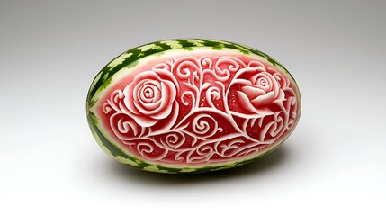 Fototapeta premium A carved watermelon features a delicate rose design, merging fruit art with elegant food decoration.