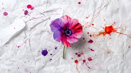 A vibrant flower rests on textured paper, surrounded by colorful splashes of paint, creating an artistic and lively composition.