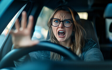 Obraz premium Angry driver shouting and pointing while sitting behind the wheel of a car, conveying road rage and frustration with an aggressive facial expression