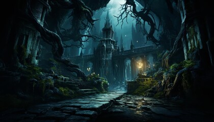 A mysterious illustration of a moonlit path leading to ancient ruins