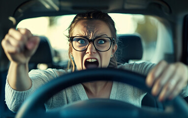 Obraz premium Angry driver shouting and pointing while sitting behind the wheel of a car, conveying road rage and frustration with an aggressive facial expression