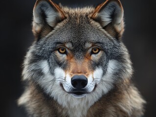 Obraz premium This close-up image showcases the face of a wolf, highlighting its detailed fur texture and intense gaze, capturing the wild beauty of this majestic animal.