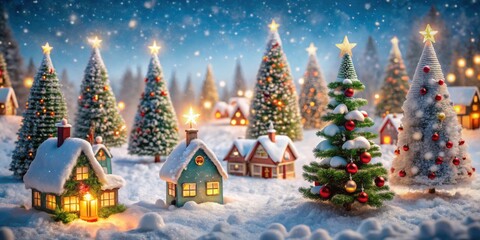 Snowy Santa village with Christmas tree, pine trees, and xmas decorations creating a magical holiday feel