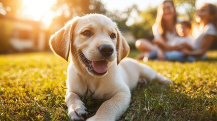 Adorable Golden Retriever Puppy Lying in Grass with Blurred Family in Background