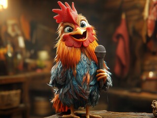 A vibrant rooster holding a microphone, standing confidently in a cozy barn setting, conveying a lively and animated atmosphere perfect for storytelling.