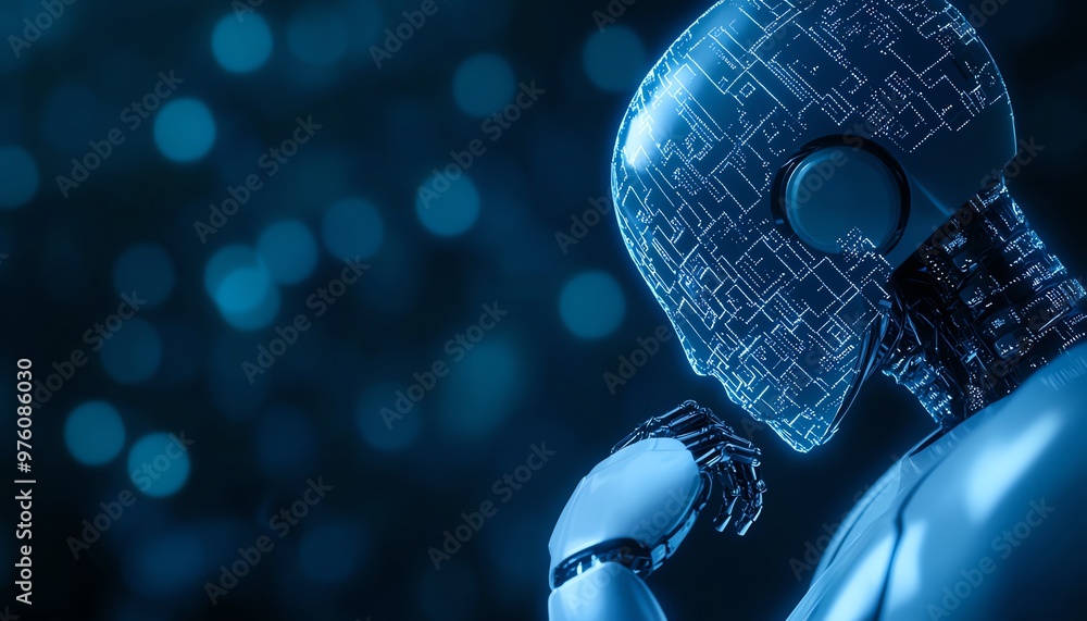 Poster a futuristic robot with a digital interface, deep in thought against a soft blue bokeh background, s