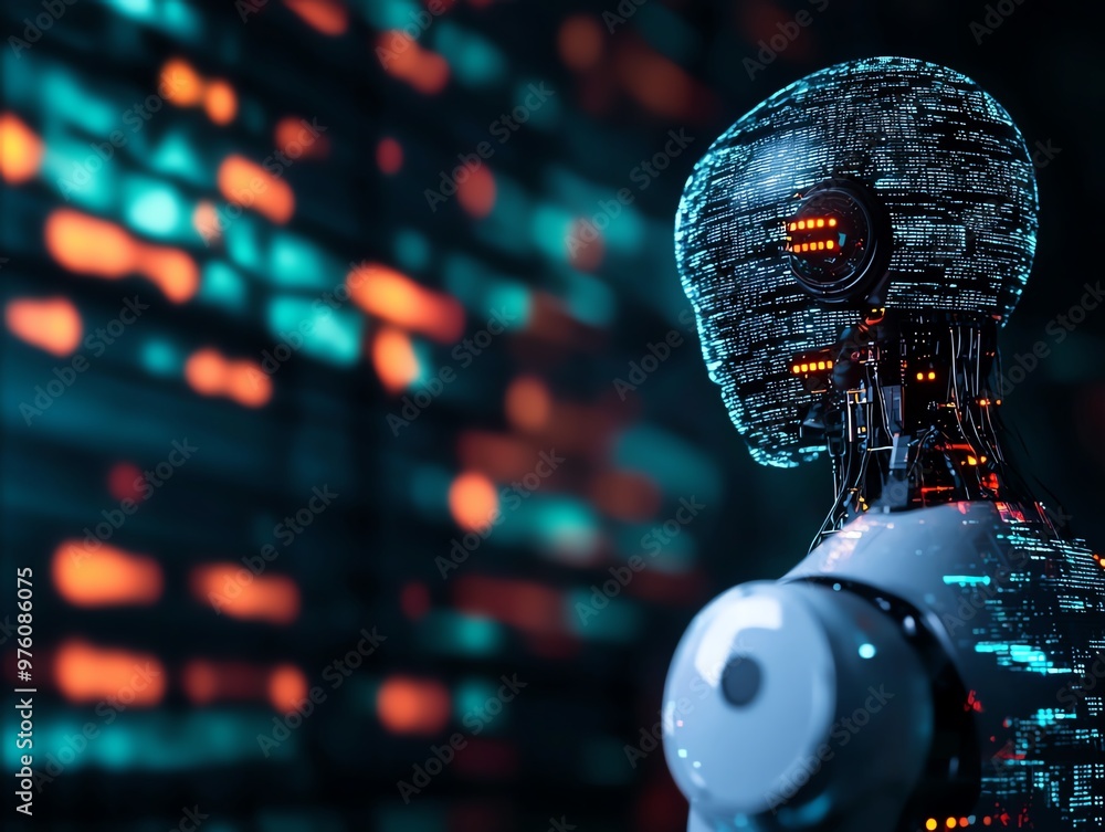 Poster a futuristic robot with intricate glowing circuits, set against a digital backdrop, representing adv