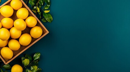A wooden tray filled with vibrant yellow lemons sits on a teal background, symbolizing freshness, citrus, health, summer, and abundance.