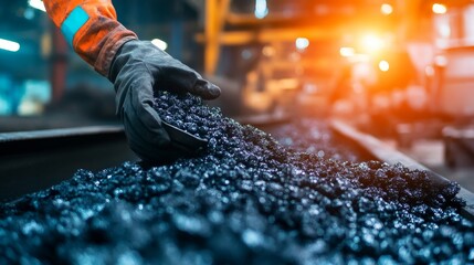 A worker's gloved hand reaches into a pile of industrial metal, symbolizing the importance of raw materials in manufacturing, global trade, and economic stability.