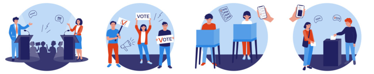 Political debates and discussions with candidates. A call to vote. The people in the voting booth are making their choice. People are throwing ballots into the ballot box.