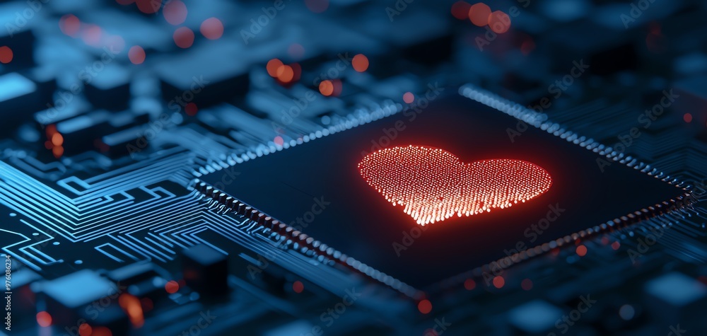 Poster a glowing heart shape on a microchip symbolizes technology and love, merging emotion with digital in