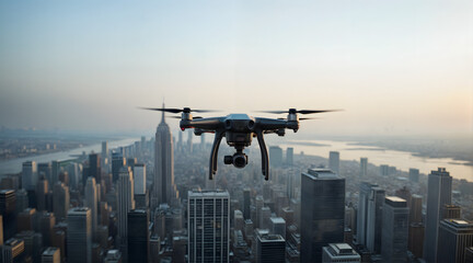 Drone flying over city skyline at sunset