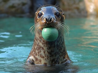A playful seal holding a green ball in its mouth, captured in a close-up while in the water, showcasing its curious and energetic nature. Ideal for animal photography.