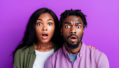 Shocked Couple Reacting with Surprise on Purple Background