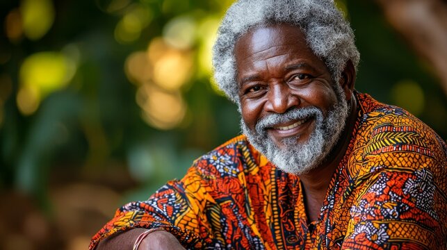 Happy 60 year old Zambian man, cozy outdoors portrait